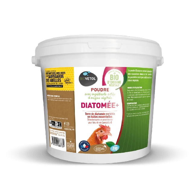 Terre De Diatomée Pour Poule Enrichie En Huiles Essentielles Diatomée+ 3KG - Biovetol 3 Terre De Diatomée Pour Poule Enrichie En Huiles Essentielles Diatomée+ 3KG - Biovetol